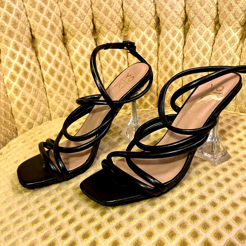 Yoki Black Strappy Heels with Clear Block Heel